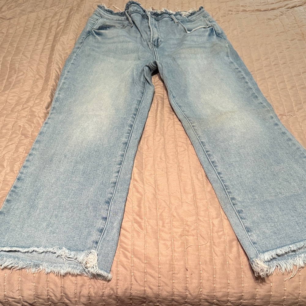 Casual Light Blue Straight Leg Jeans with Frayed Hem Cropped